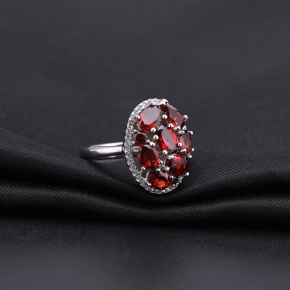 Cluster Inlaid Natural Garnet Ring for Women Fashionable, luxurious, and high-end feel s925Silver Inlaid Natural Gemstone Ring