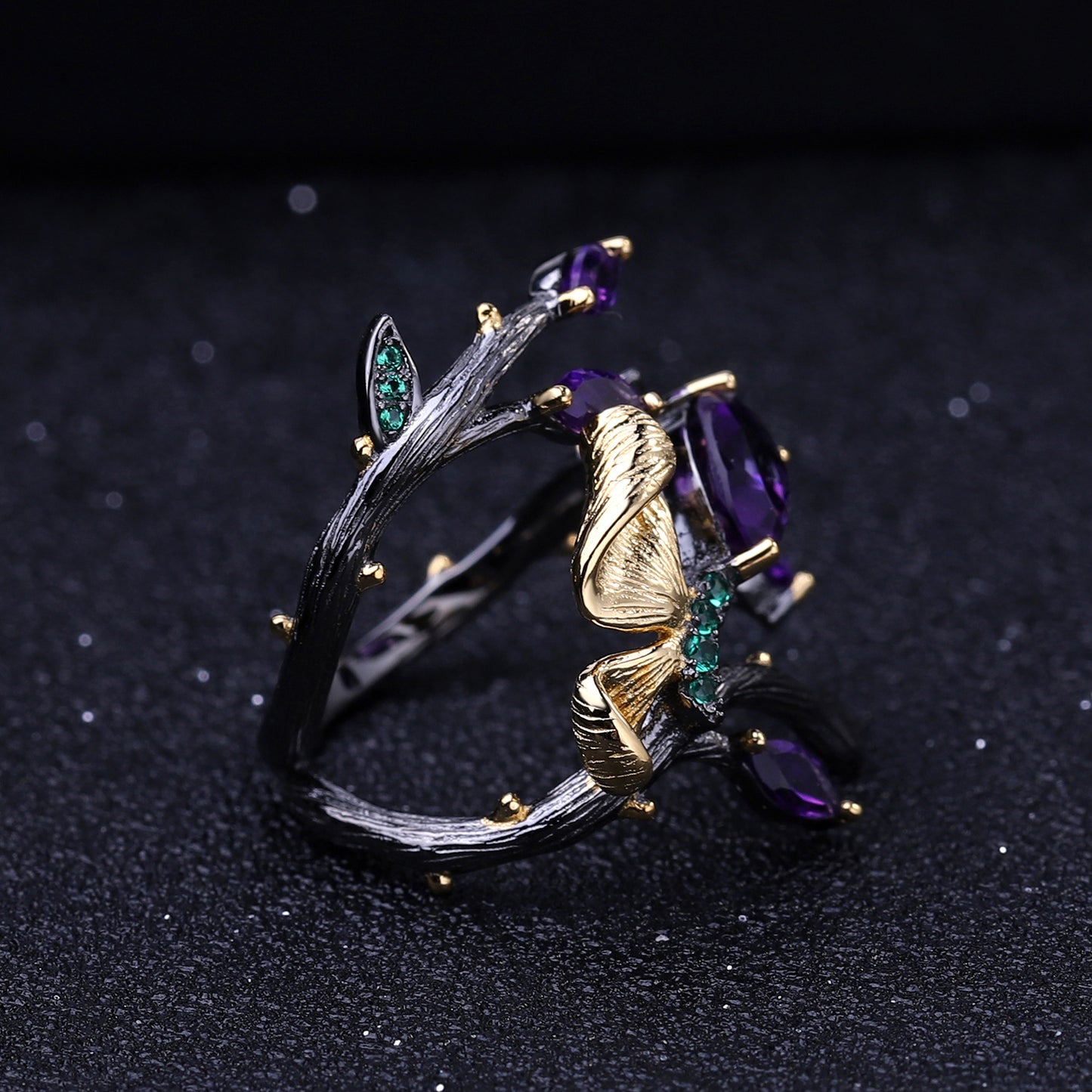 Russian Secret Garden Designer Gemstone Ring Natural Style Butterfly s925Silver Natural Amethyst Ring