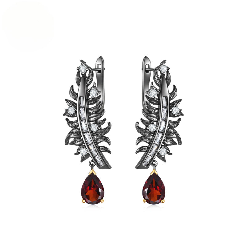 Italian Craft Handmade Designer Feather Natural Gemstone s925Silver Inlaid Garnet Stud Earrings