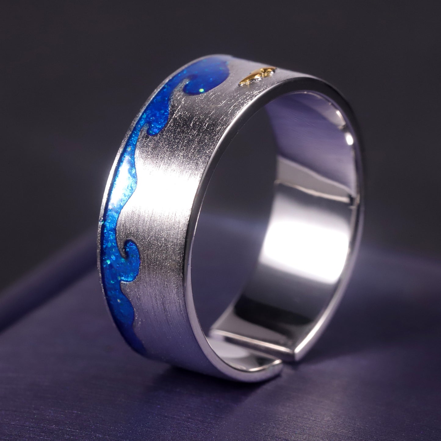 Designer Open Couple Rings Wave Element Natural Style Design925Silver Inlaid Gemstone Enamel Ring