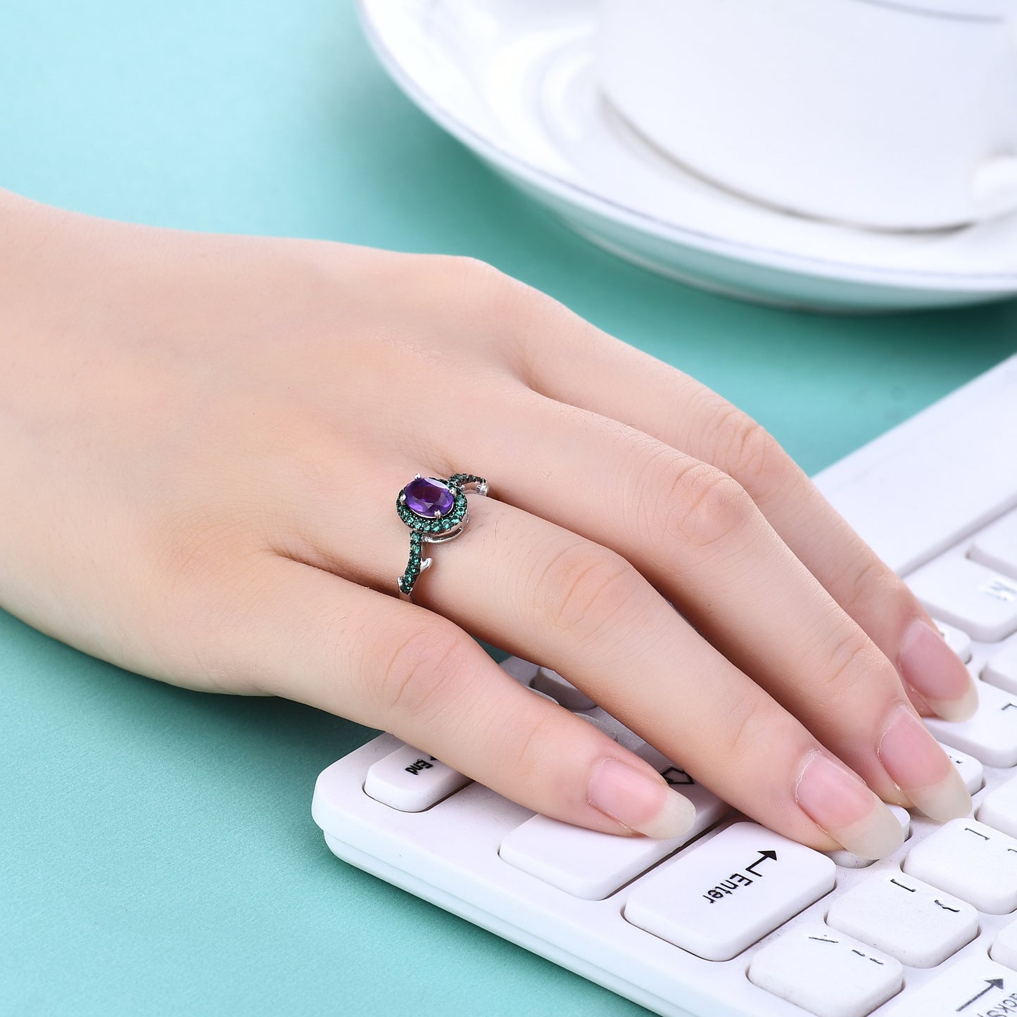 Thorn Bud Designer Adjustable Open Ring s925Silver Inlaid Natural Gemstone Amethyst Ring