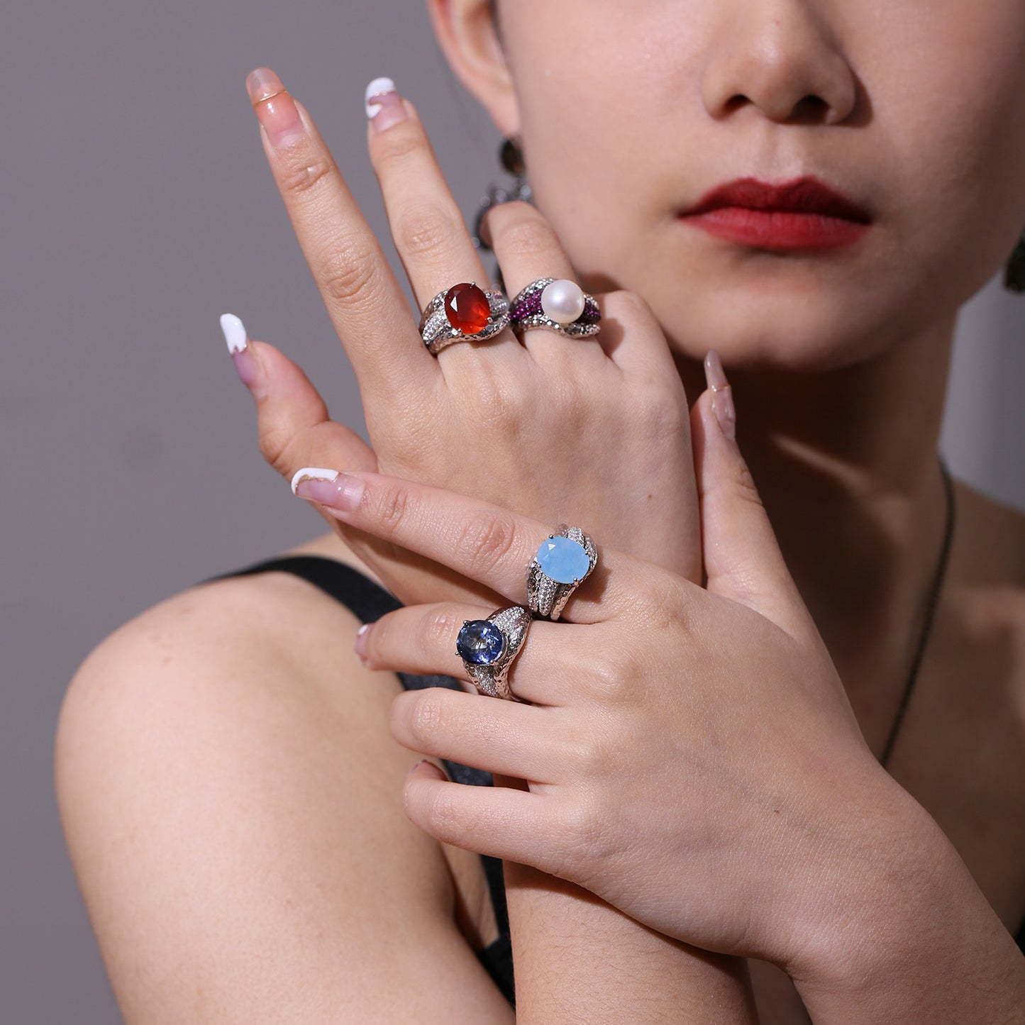 Freshwater Pearl Red Agate Sea Blue Chalcedony Crystal Ring s925Sterling Silver High-End Design Gemstone Ring for Men and Women