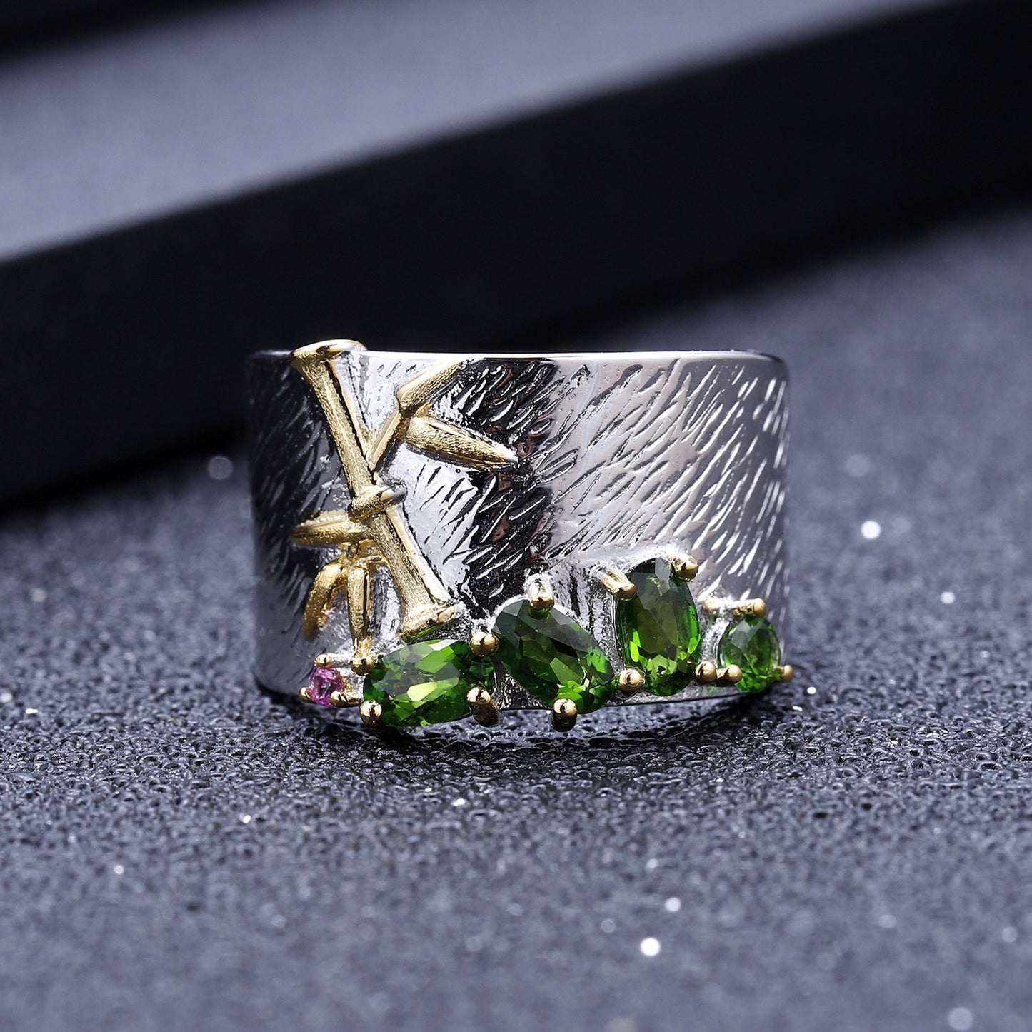 Original Design New Chinese Style National Style Gemstone Ring S925Sterling Silver Natural Diopside Topaz Amethyst Ring