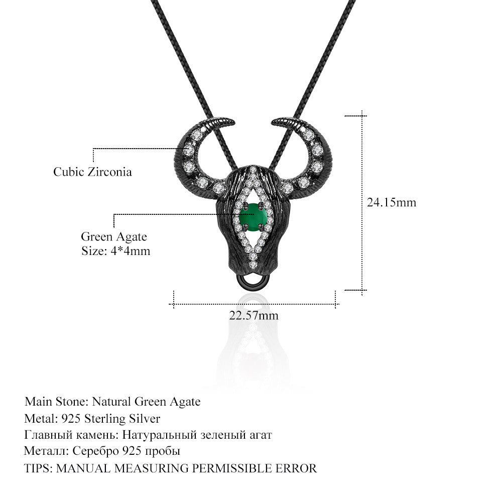Designer Style Classic of Mountains and Seas Bull Head Pendant Dark Retro Design s925Silver Inlaid Green Agate Necklace Pendant