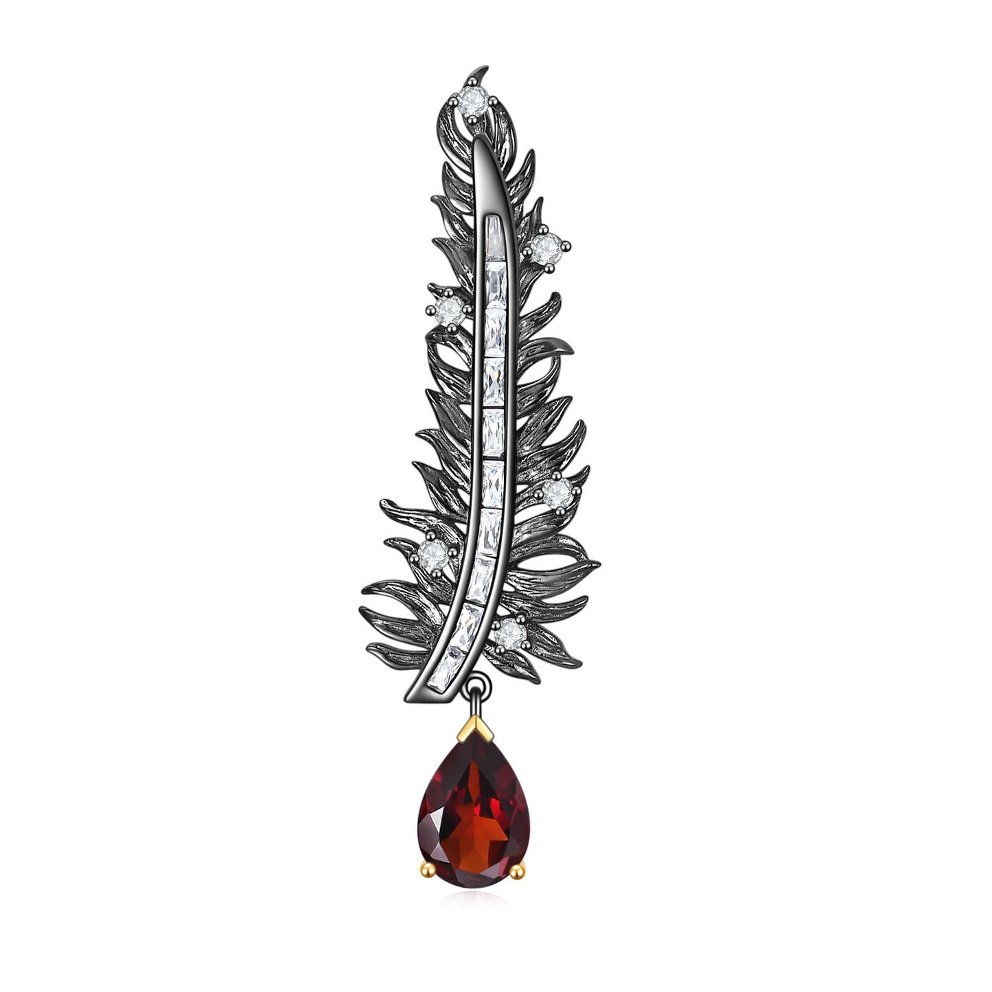 Feather Design Natural Gemstone Brooch s925Silver Inlaid Garnet Brooch Pendant Dual-use Style