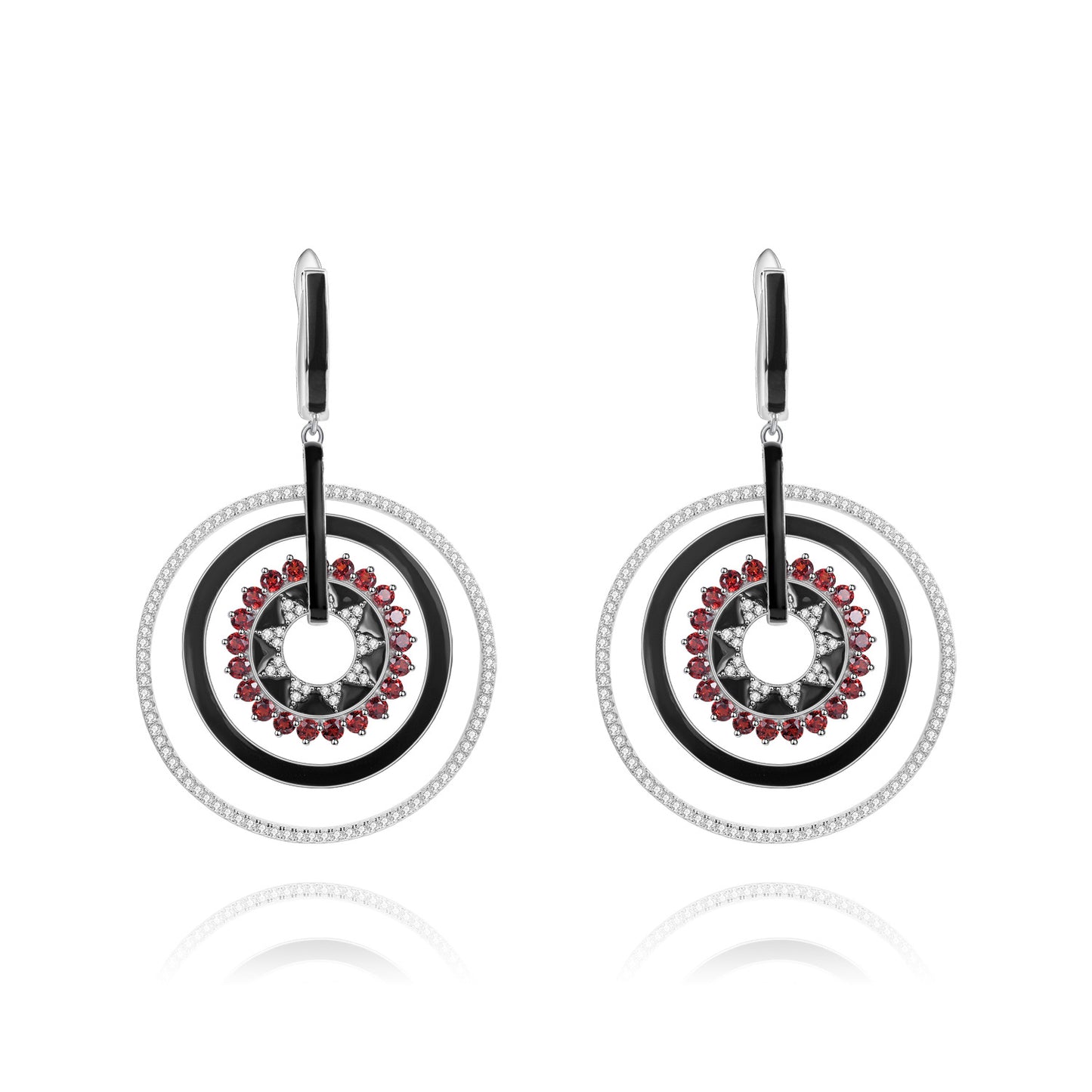 Designer Natural Garnet Enamel Earrings Unique Circular Design925Silver Color Gemstone Earrings