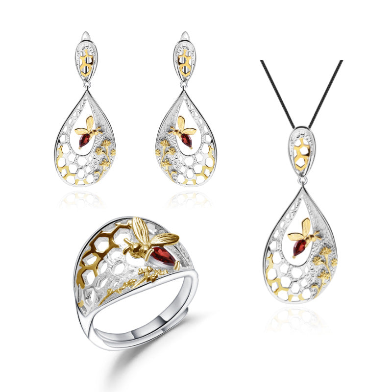 Designer Natural Style Garnet Earrings Beehive Design s925Silver Natural Gemstone Earrings Studs Drop Earrings