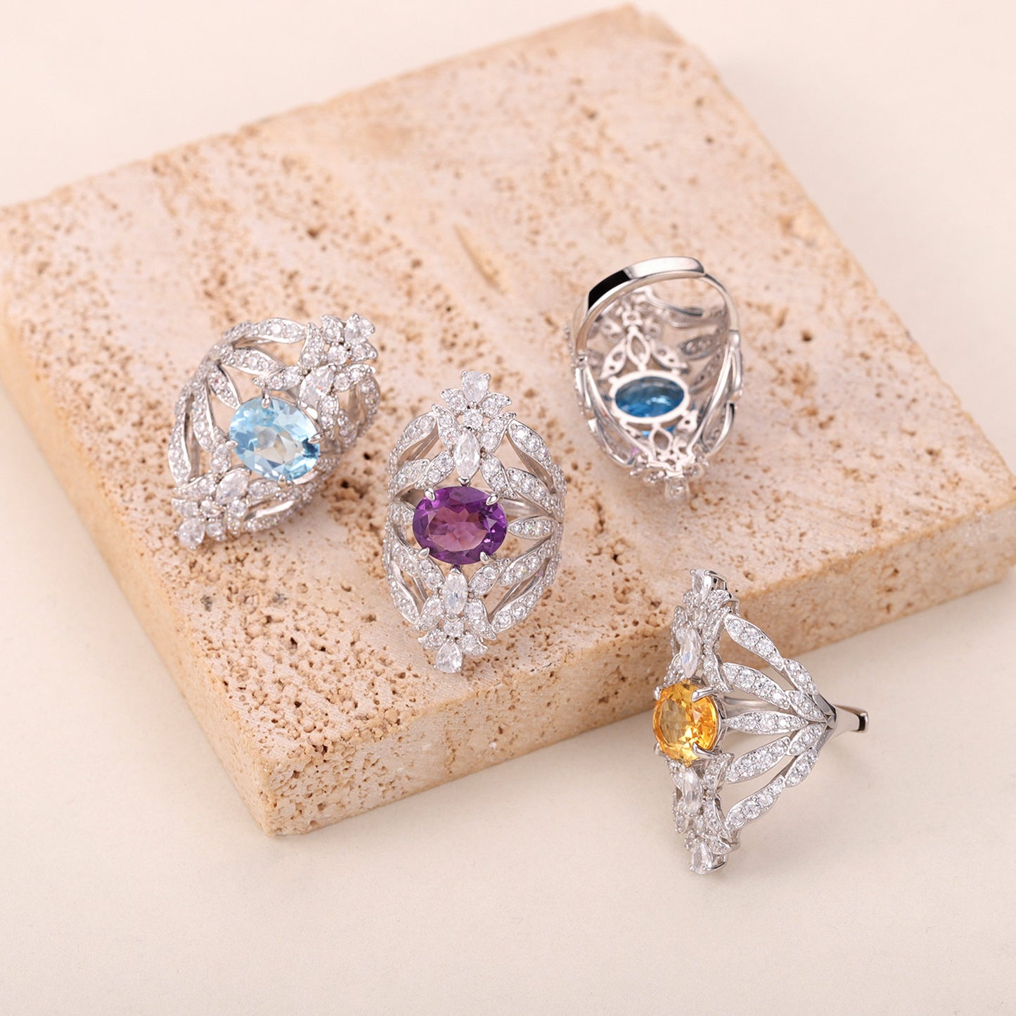 Unique Design Natural Topaz Ring s925Silver Inlaid Crystal Large Main Stone Cross-Border Original Ring
