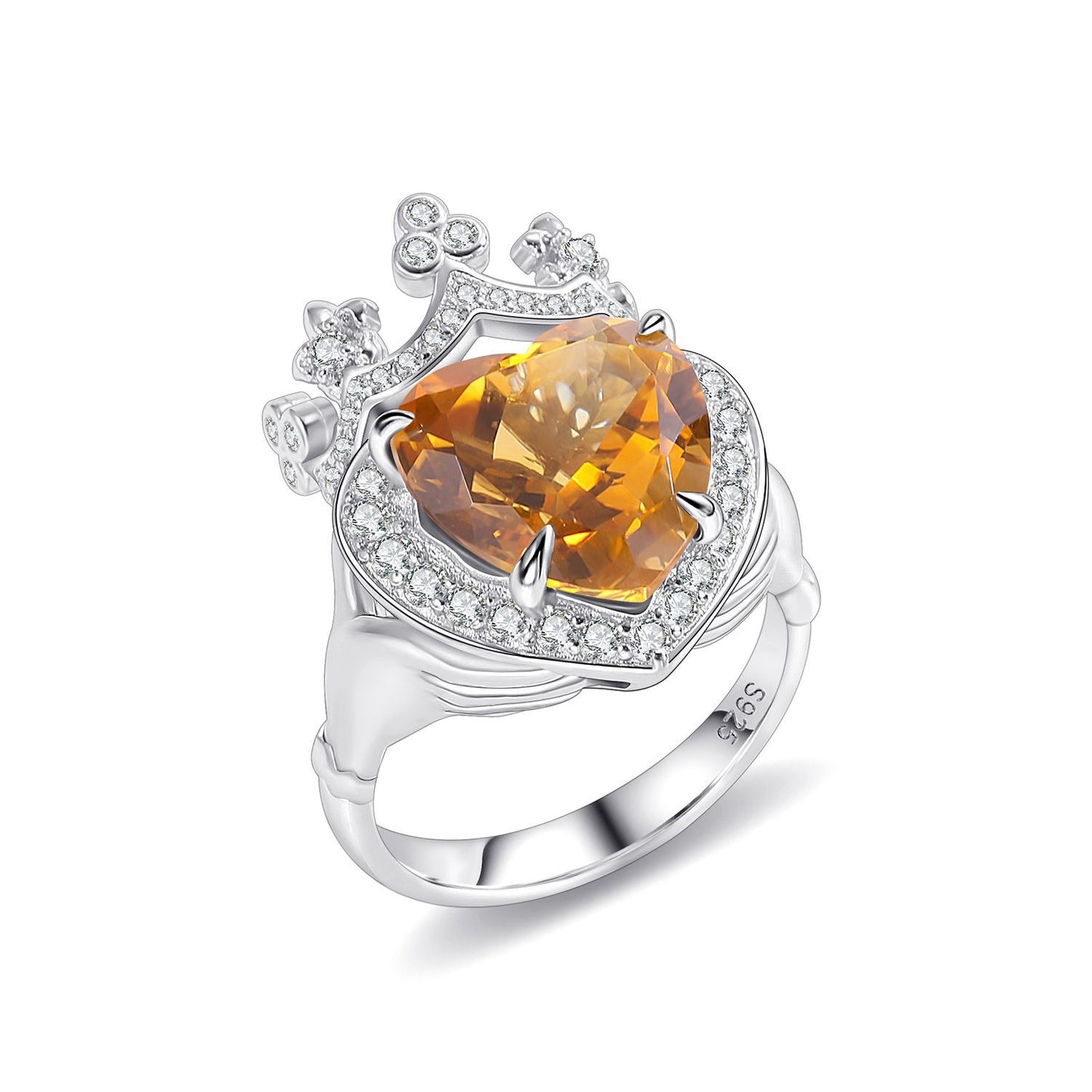 Special-interest design S925Sterling Silver Inlaid Natural Gemstone Crystal Ring Gift for Girls Crown Heart Ring