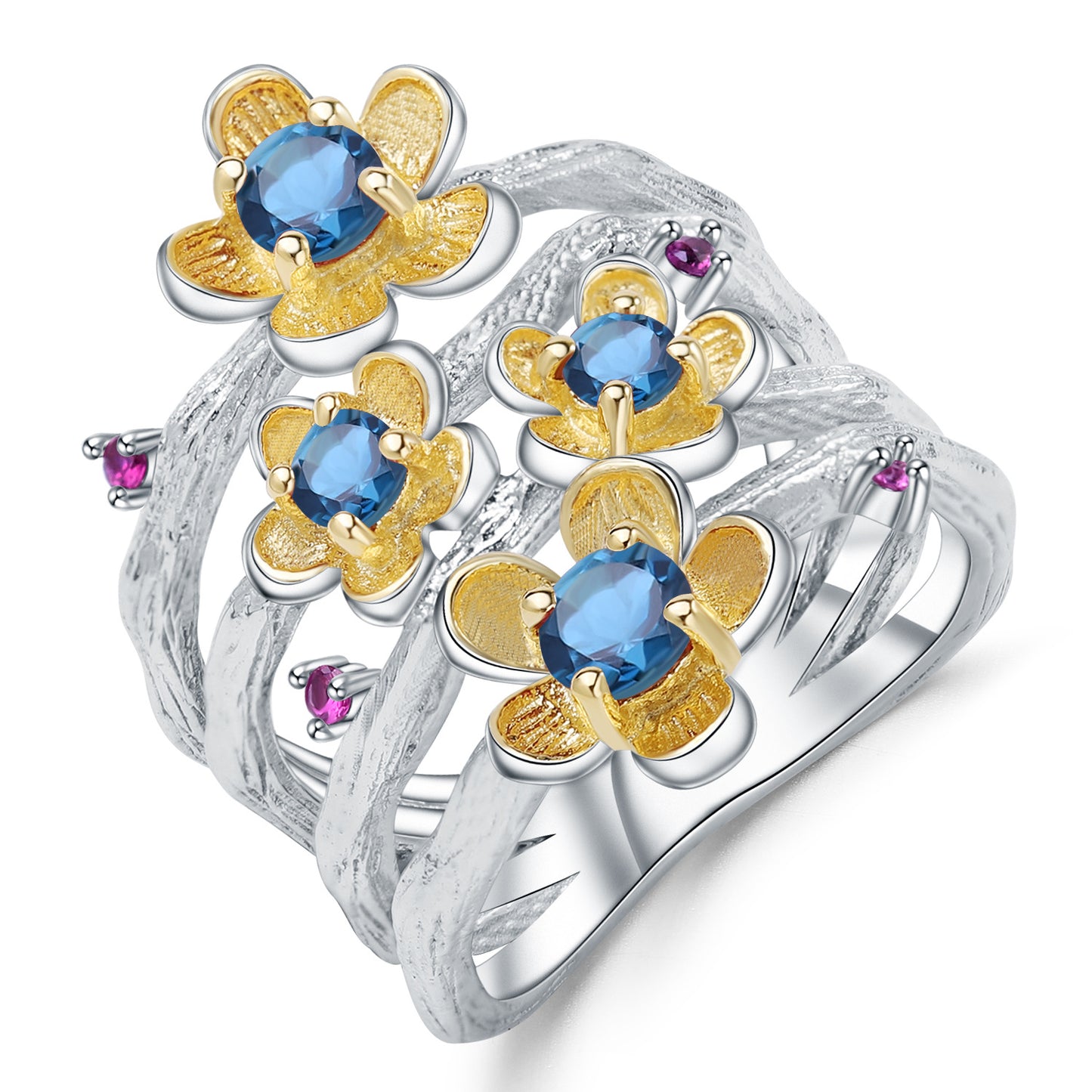 Italian Craft Designer Gemstone Ring Natural Style Floral Design925Silver Natural Topaz Ring