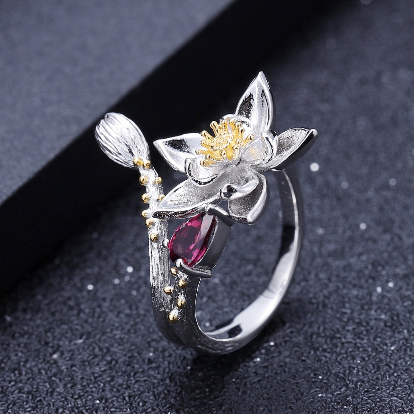 Designer Gemstone Inlaid Open Ring Natural Style Floral Design s925Silver natural gemstone ring