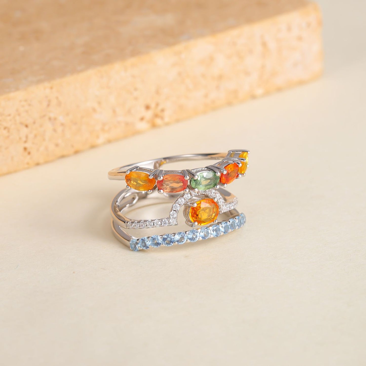 Fresh ins High-Quality Ring with Natural Colorful Sapphire S925Sterling Silver Open Ring New Style