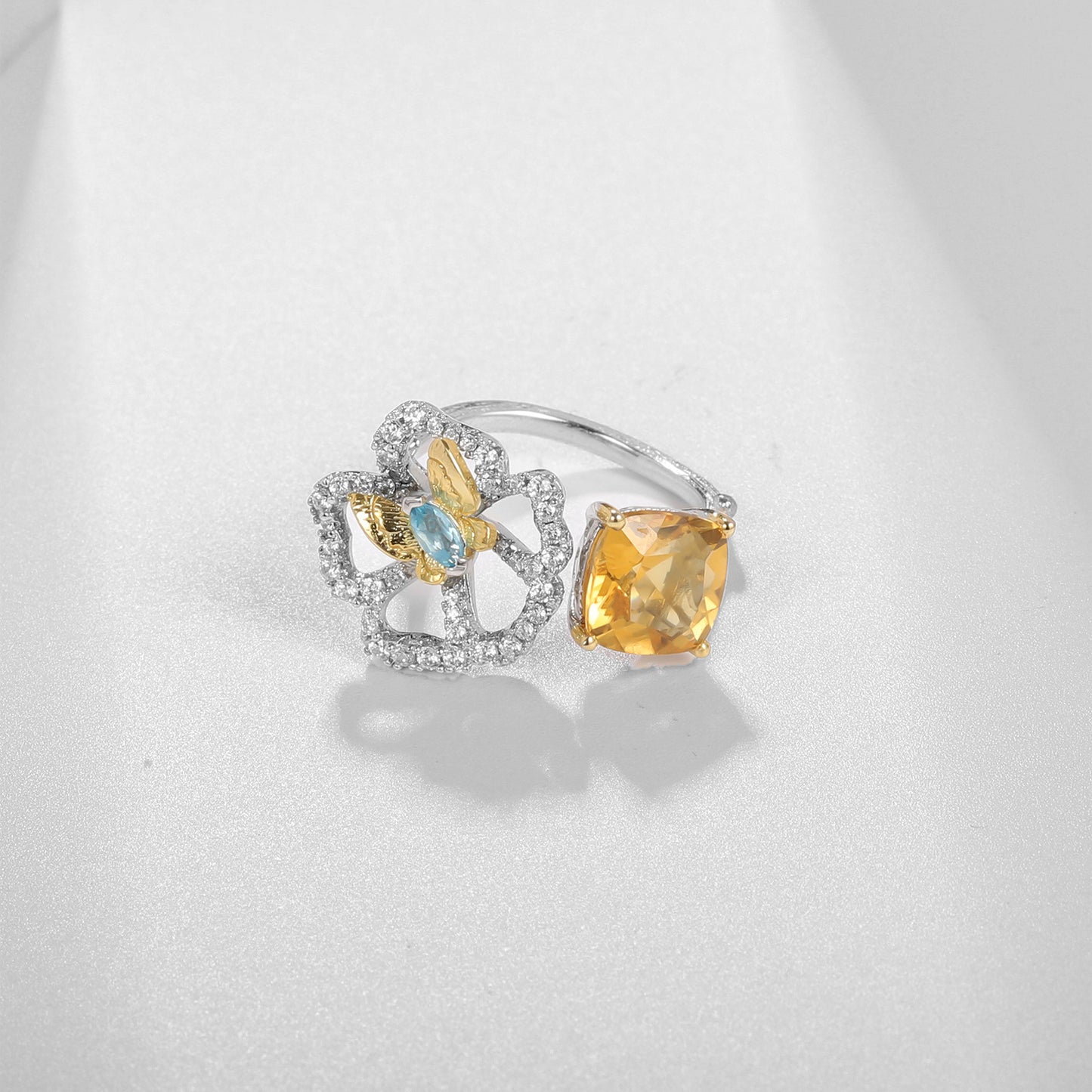 Designer Natural Yellow Crystal Ring Natural Style Butterfly Flower Design s925Silver Adjustable Open Ring