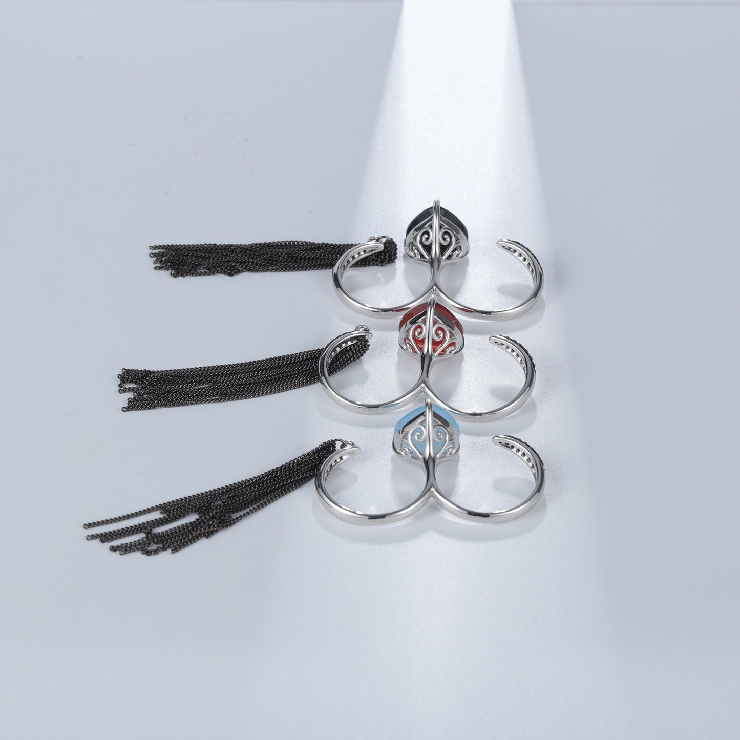 Designer Natural Heart Gemstone Ring with Tassel Design Unique and High-end Design925Silver and Black Onyx Ring