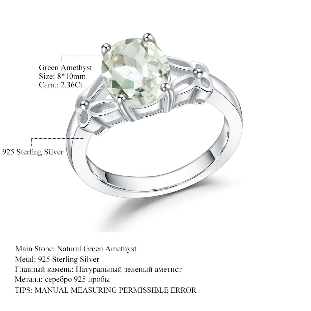In-stock Wholesale Green Amethyst Gemstone Ring for Women Vintage Inlaid Natural Stone s925Silver Crystal Ring