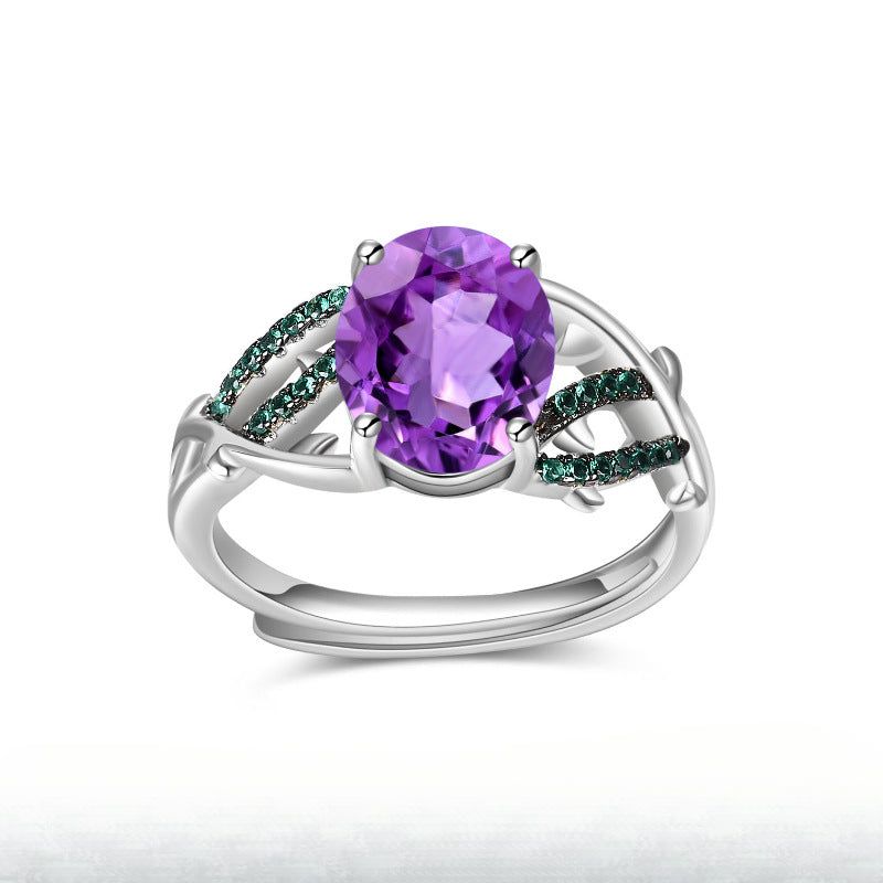 Thorn Bud Personality Design Adjustable Ring s925Sterling Silver Inlaid Natural Gemstone Amethyst Ring