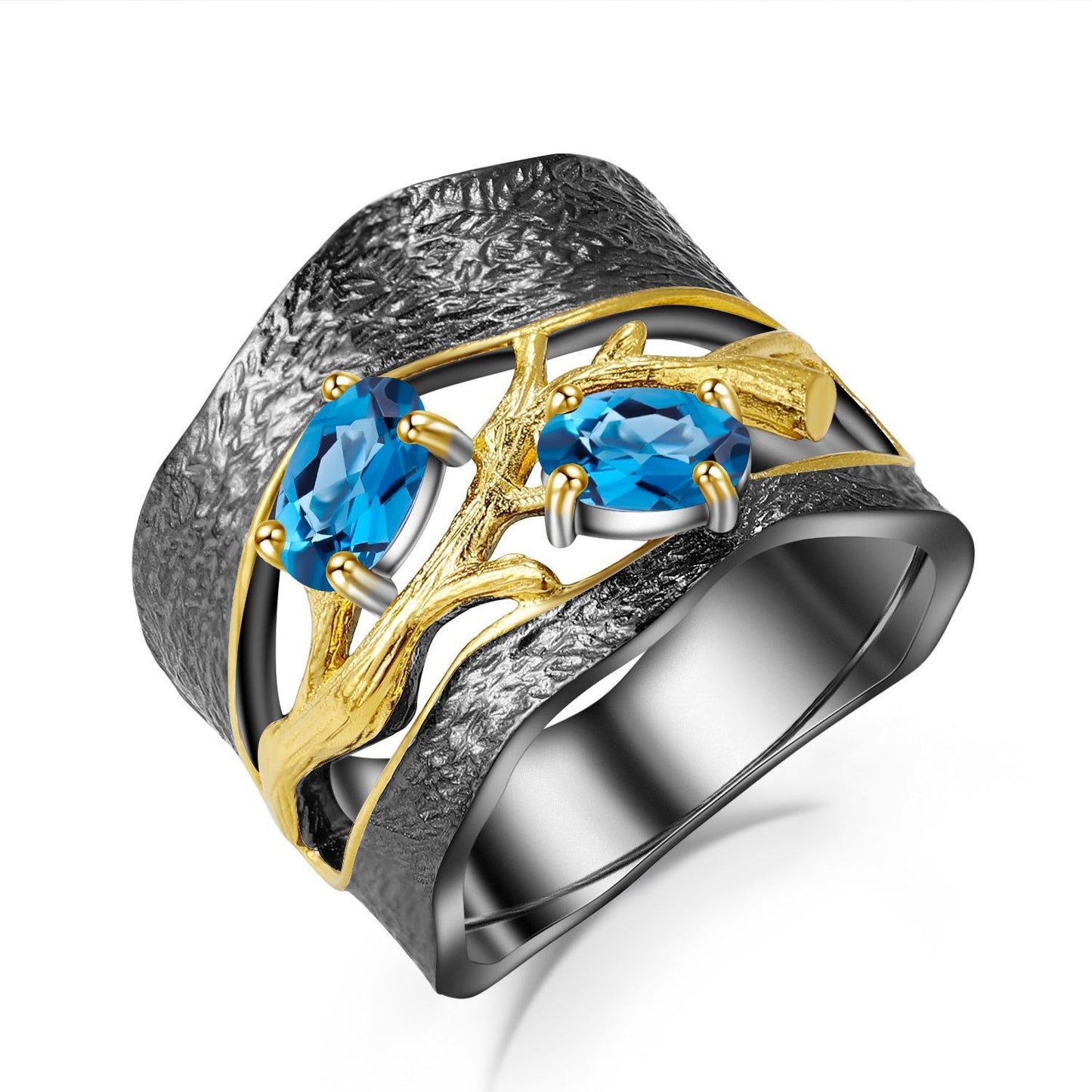 Secret Garden High-End Designer Ring Cracked Tree Branch s925Sterling Silver Inlaid Natural Gemstone Ring
