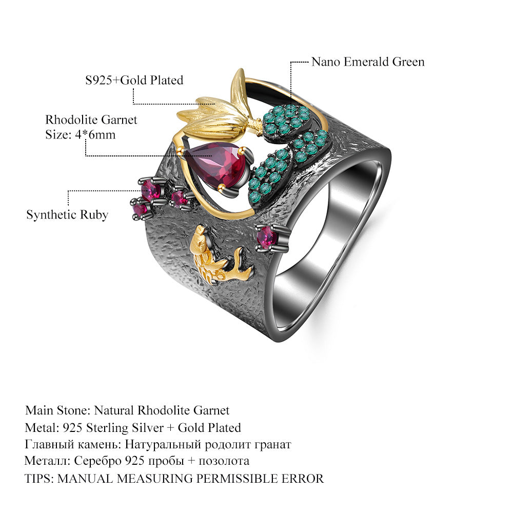 Secret Garden Series Designer Ring Natural Style Chinese Style s925Sterling Silver Natural Rose Garnet Ring