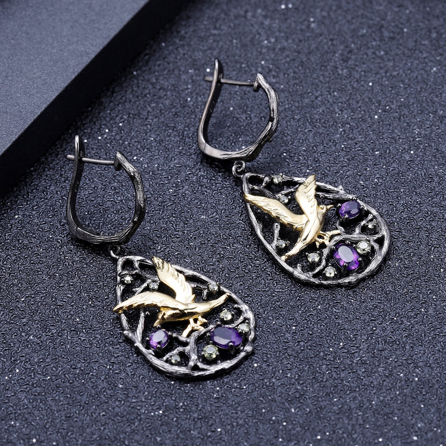Bird's Paradise Original Design Earrings S925Sterling Silver Inlaid Natural Topaz Garnet Earrings Black