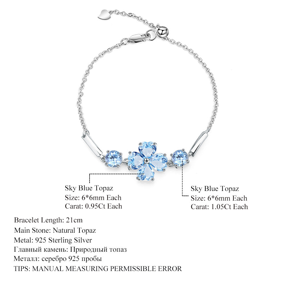 Luxurious Design Natural Topaz Bracelet s925Sterling Silver Inlaid Gemstone Clover Bracelet