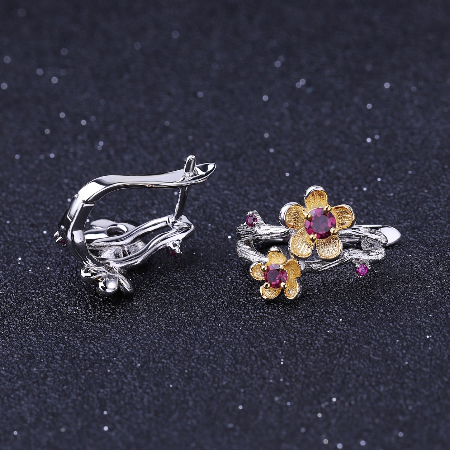 Italian Craft Designer Gemstone Earrings Natural Style Flowers925Silver Natural Rose Garnet Stud Earrings