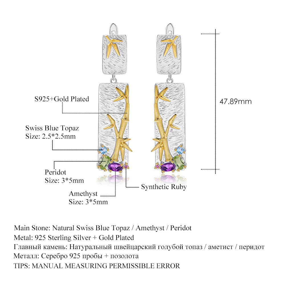 Natural Style Bamboo Gemstone Earrings S925Original Design Pure Silver Natural Translucent Topaz Amethyst Earrings