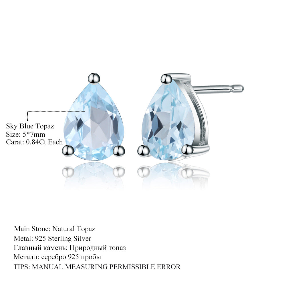 Natural Topaz Pear-Shaped Stud Earrings in Stock Fashion Simple Temperament s925Silver Natural Colored Gems Ear Studs Earrings