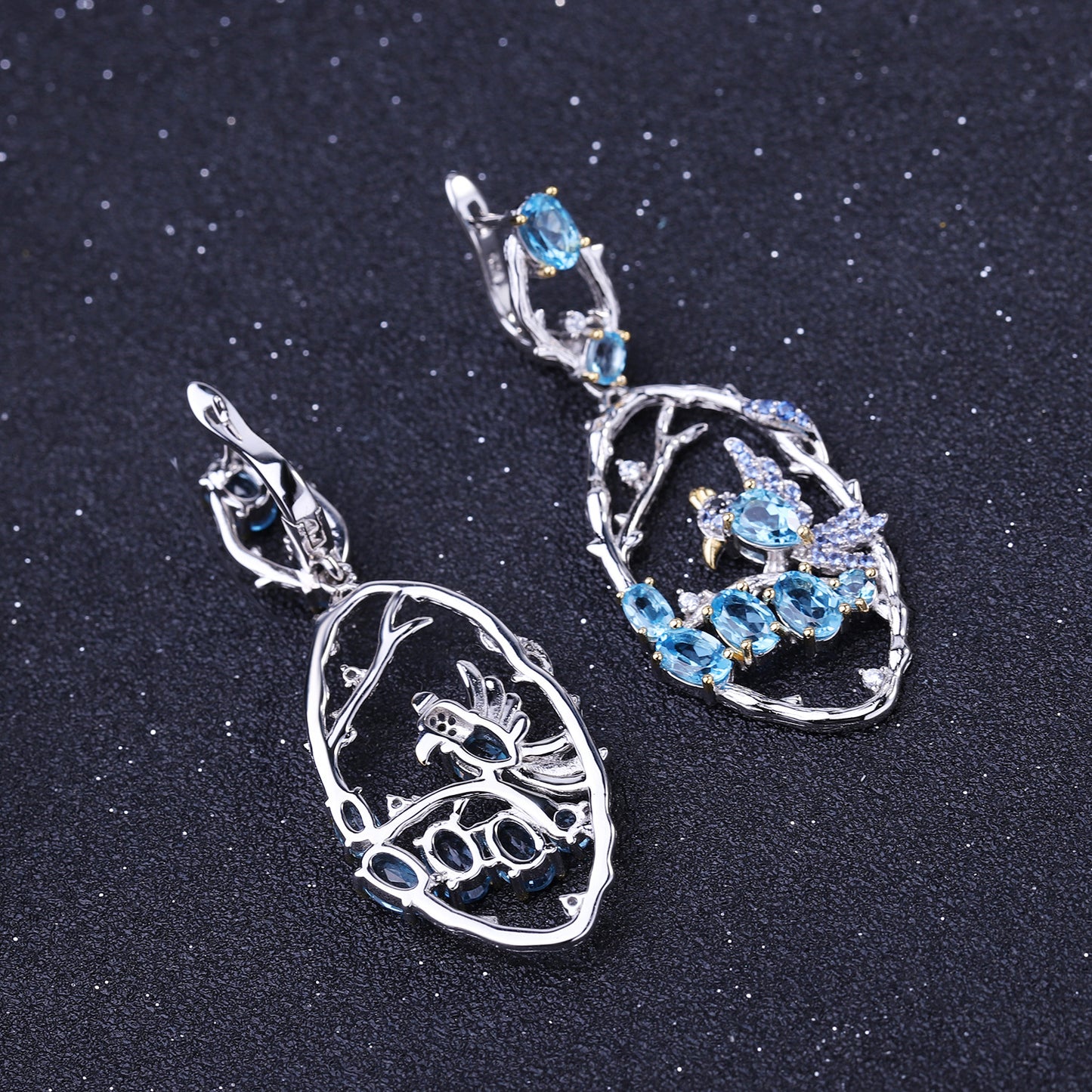 Secret Garden Designer Earrings Birds in the Bush Design Chinese Style925Silver Natural Gemstone Earrings