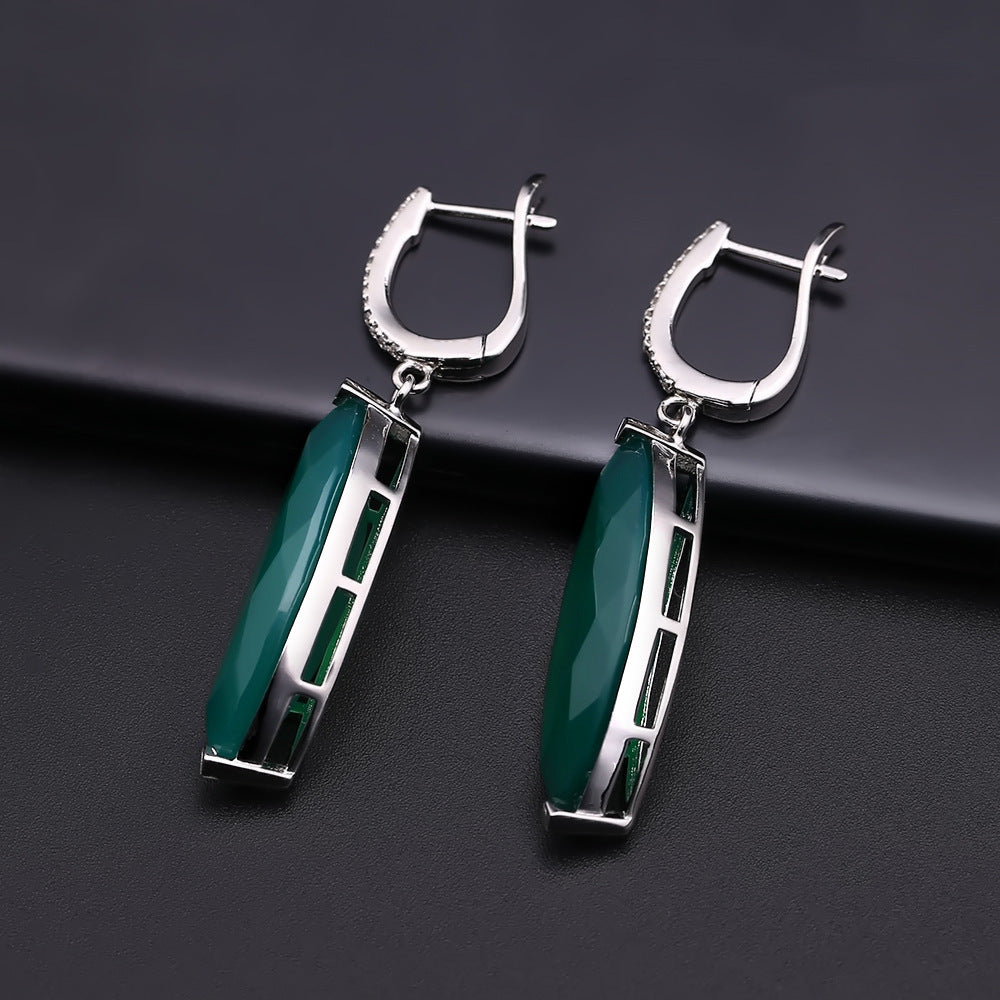 Jewelry Green Agate s925Silver Earrings Vintage Colorful Gemstone Natural Stone Crystal Earrings Jewelry