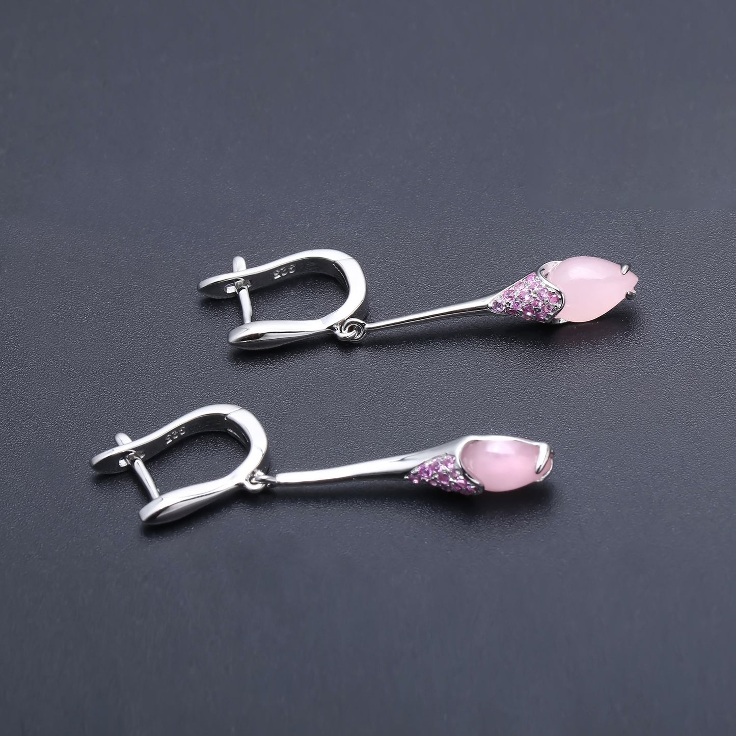 Italian Craft Jewelry Designer Long Earrings Advanced Sense925Silver Inlaid Pink Chalcedony Earrings