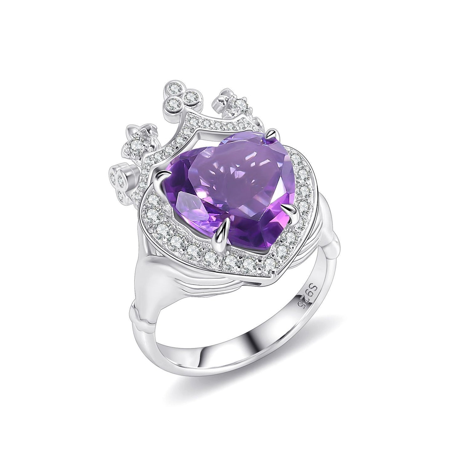Special-interest design S925Sterling Silver Inlaid Natural Gemstone Crystal Ring Gift for Girls Crown Heart Ring