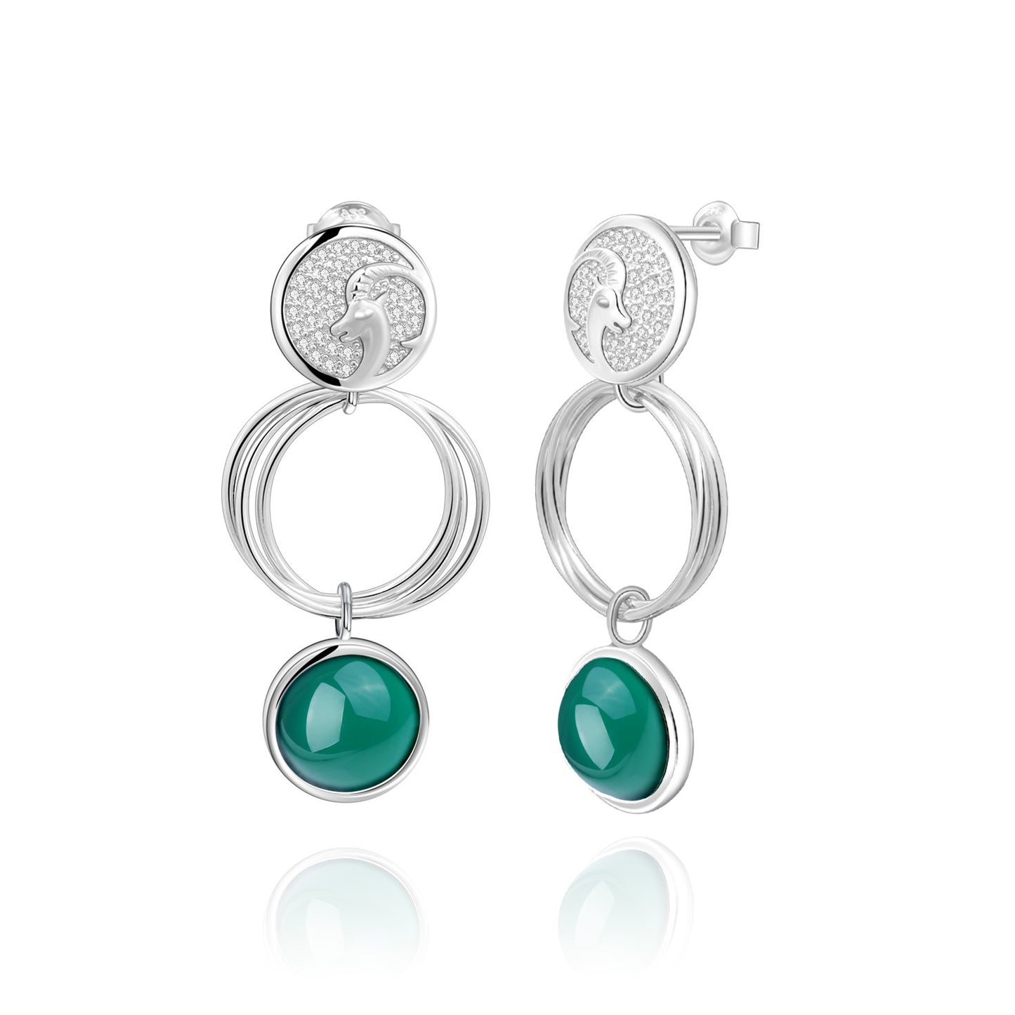 Designer High-End Capricorn Zodiac Earrings Geometric Minimalist Design925Silver Green Agate Stud Earrings