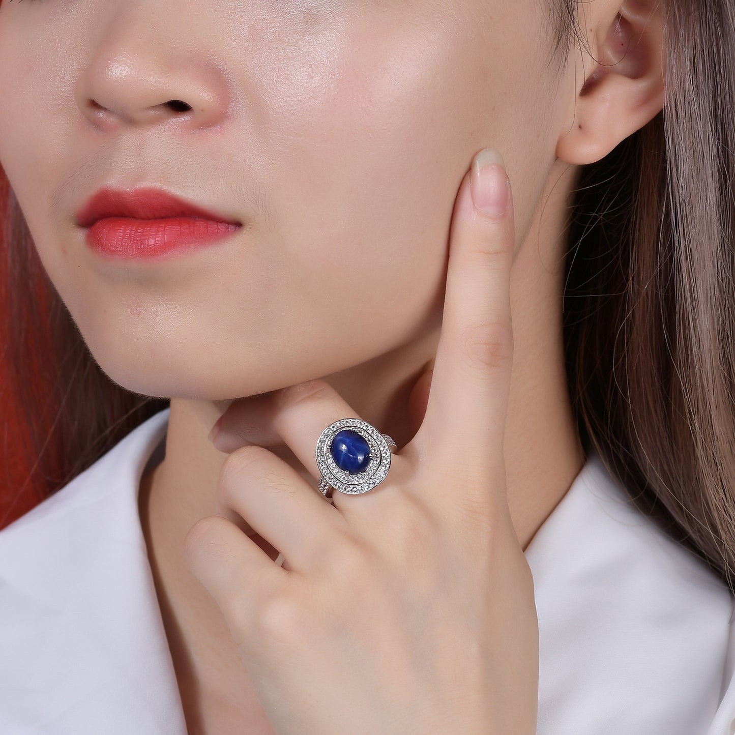 Luxurious Cultivated Star Sapphire Ring s925Sterling Silver Inlaid5Carat Large Gemstone Ring