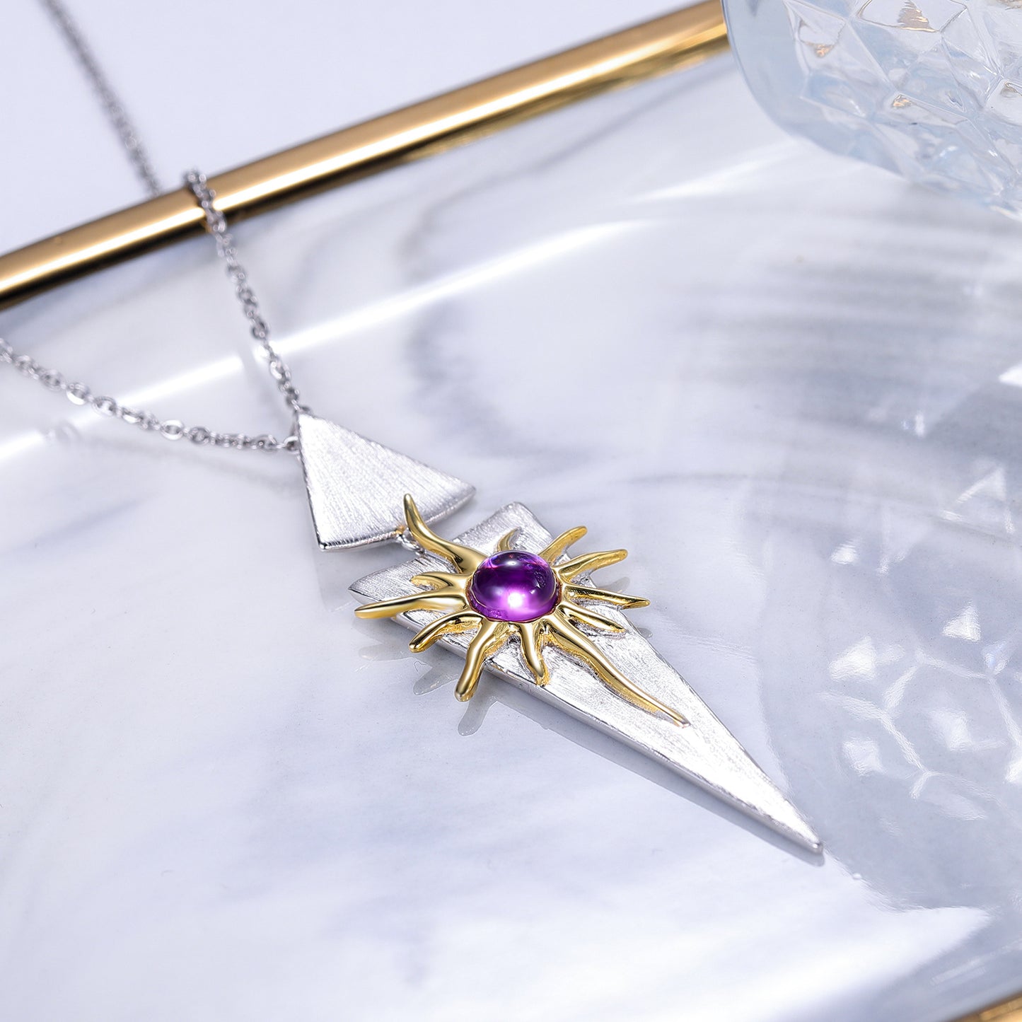 Designer Natural Amethyst Topaz Pendant925Sterling Silver Sun Goddess Necklace Niche Design Sense Jewelry