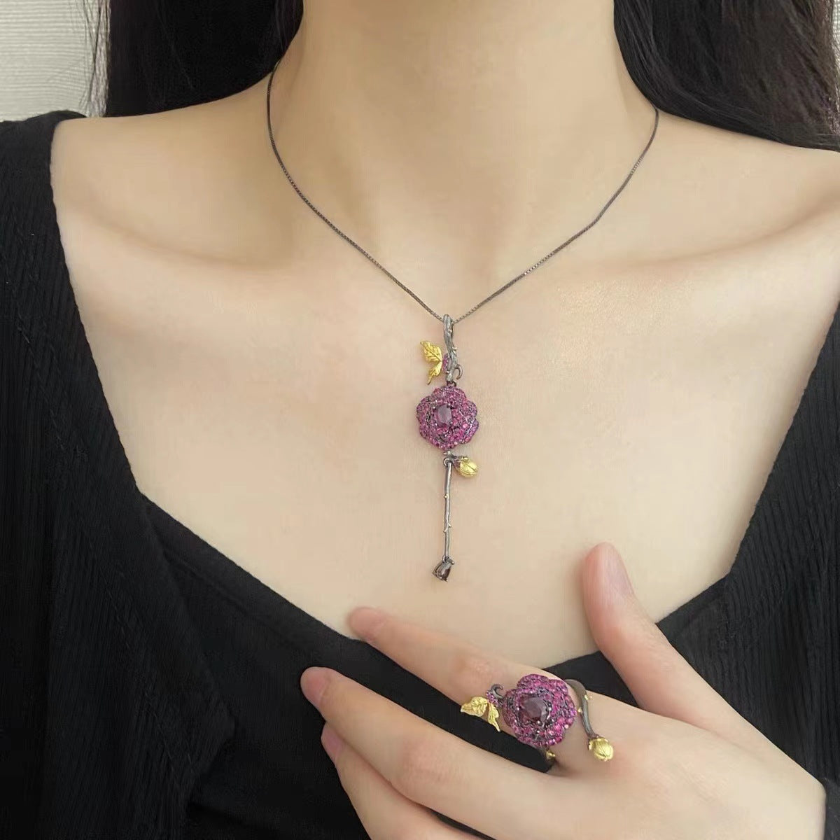 Secret Garden Designer Pendant Natural Rose Design s925Sterling Silver Natural Gemstone Necklace Clavicle Chain