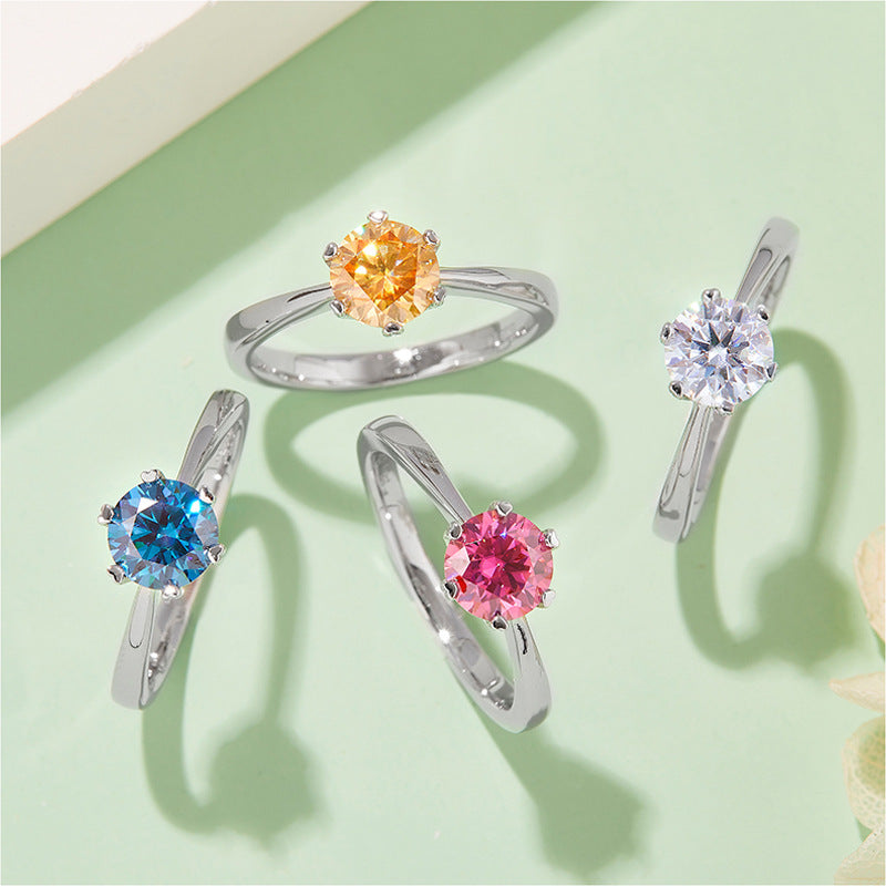Classic Six-Claw Fashion Moissanite Ring for Women with Straight Arm, Simple and Elegant s925Silver Inlay1Carat Moissanite Ring