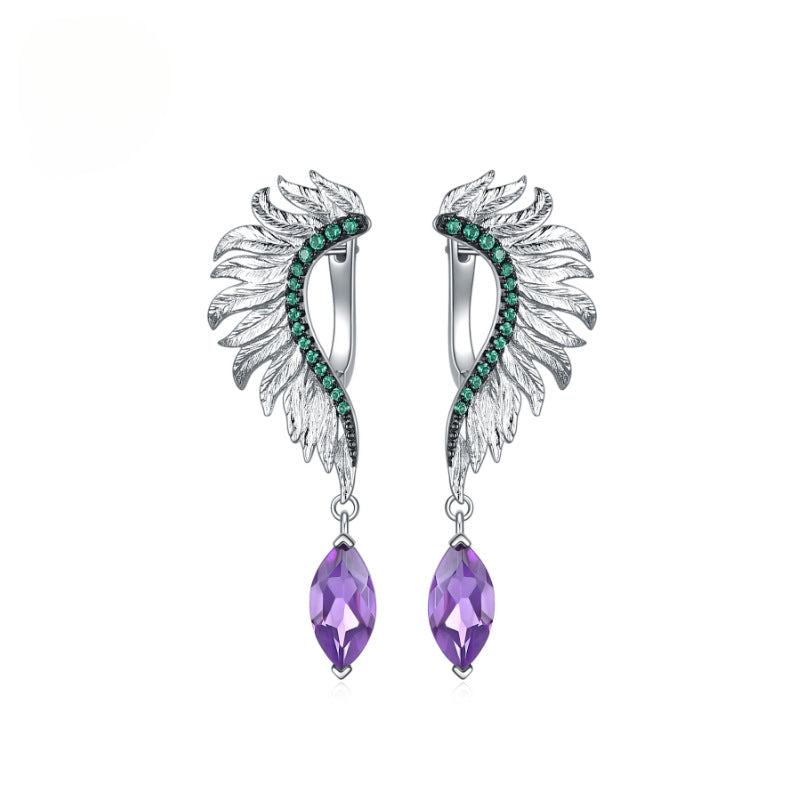 Designer Retro Angel Wings Earrings Italy925Silver Inlaid Natural Gemstone Amethyst Earrings