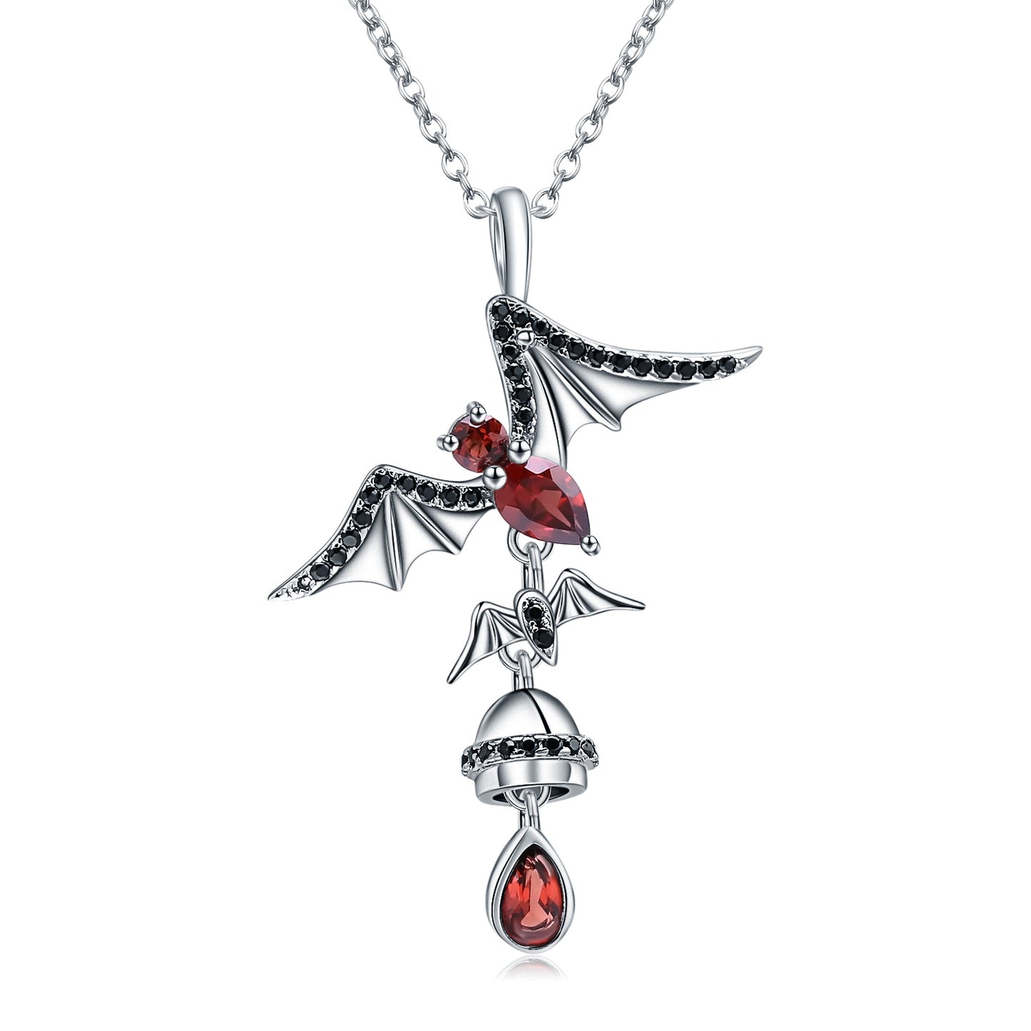 Dark Series Designer Pendant bat design s925Sterling Silver Inlaid Natural Garnet Necklace Pendant