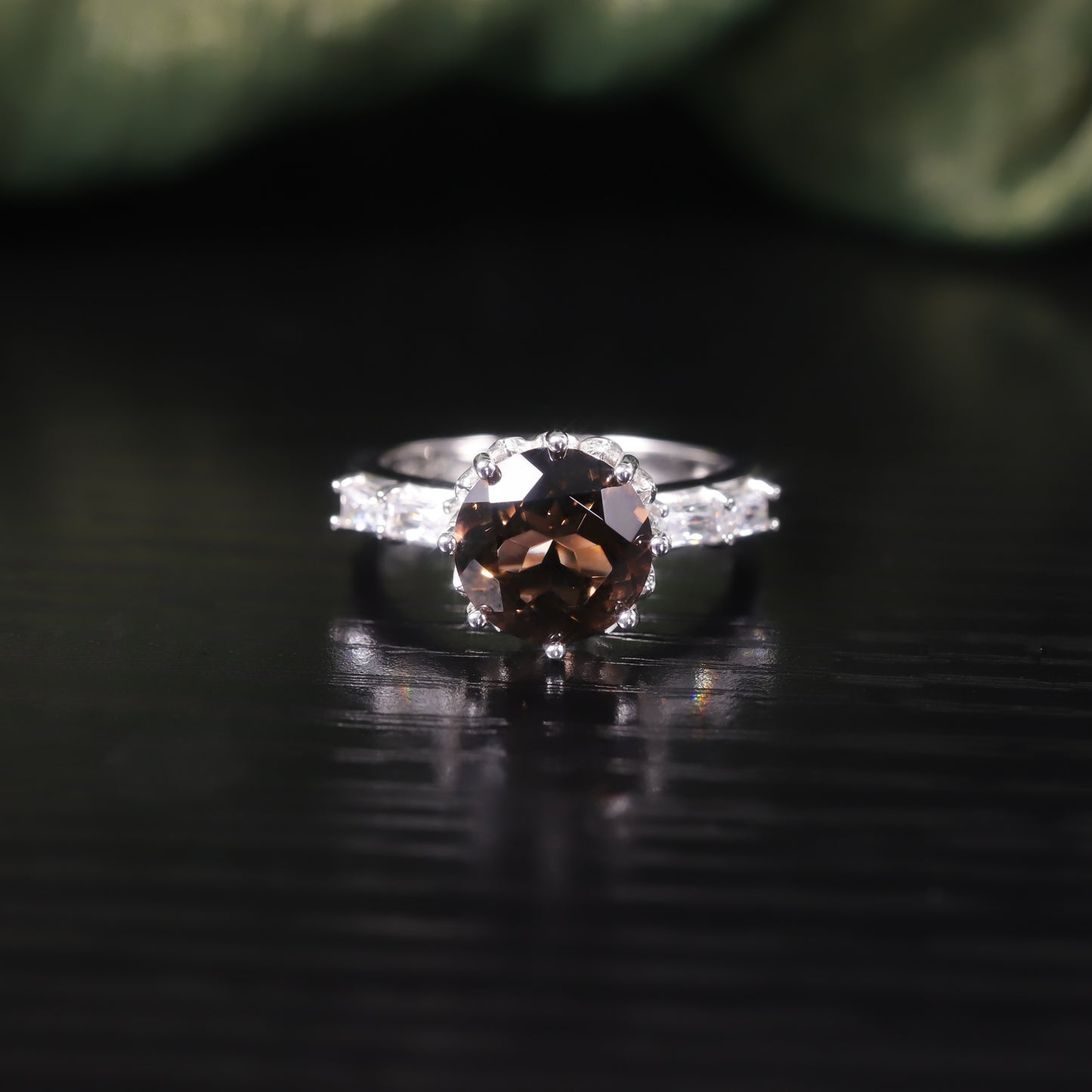 Brilliant Colorful Crystal Ring3.5Carat s925Sterling Silver Inlaid Brown Crystal Green Crystal Ring