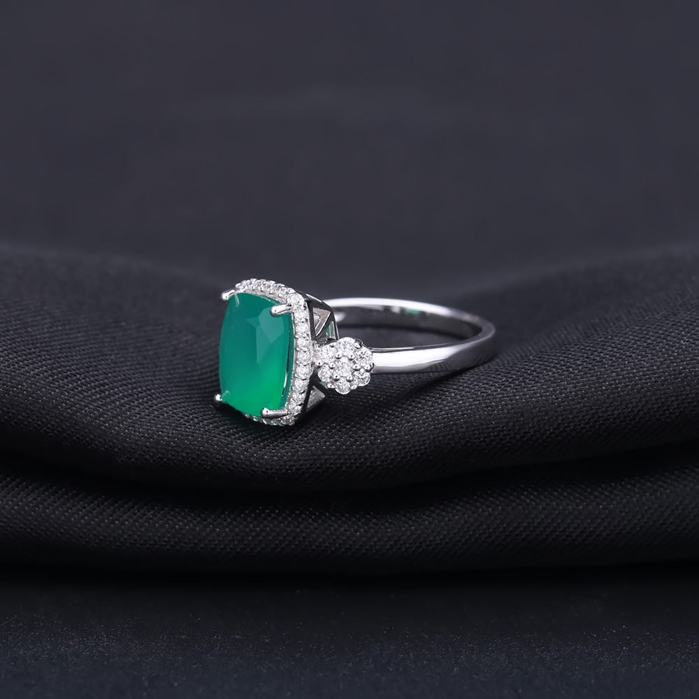 Design Sense Natural Green Agate Ring Luxurious Fashionable Elegant925Sterling Silver Inlaid Natural Gemstone Ring