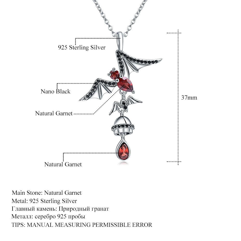 Dark Series Designer Pendant bat design s925Sterling Silver Inlaid Natural Garnet Necklace Pendant