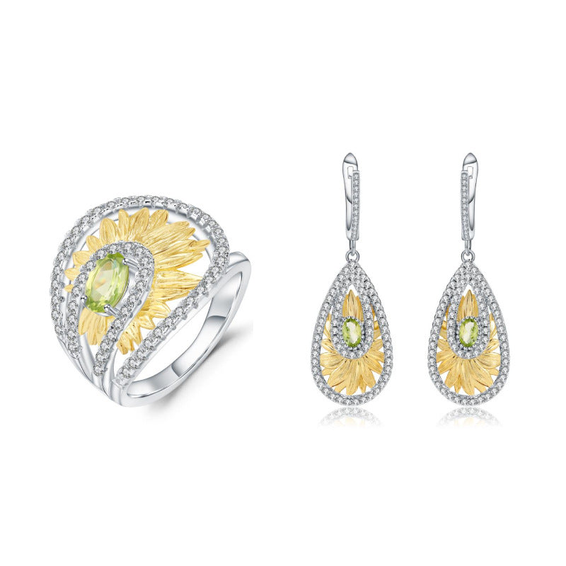 Designer High-End Natural Peridot Jewelry Set Sunflower Element Design925Silver Ring Earrings