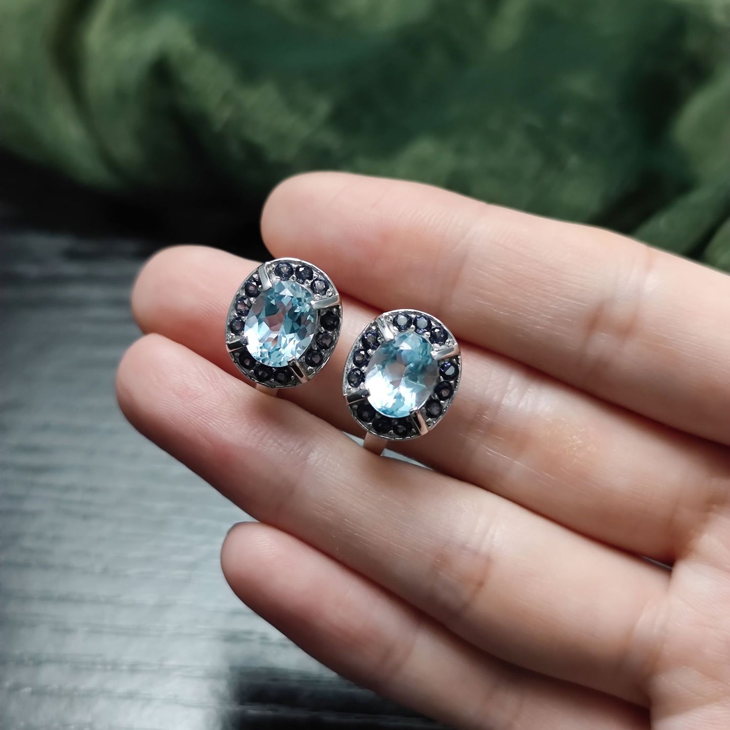 Unique Oval Earrings s925Sterling Silver Inlaid Natural Topaz Sky Blue Earrings Studs