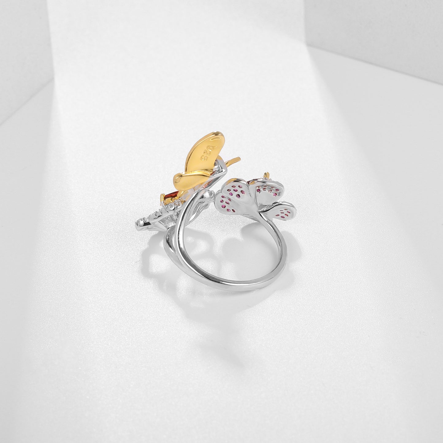 Designer Natural Amethyst Ring Natural Style Butterfly Flower Design925Silver Adjustable Open Ring