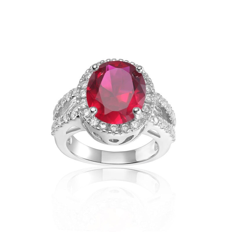 Luxurious Design Sense Colorful Crystal Cultivated Ruby Ring Vintage s925Sterling Silver Inlaid Gemstone Ring for Women