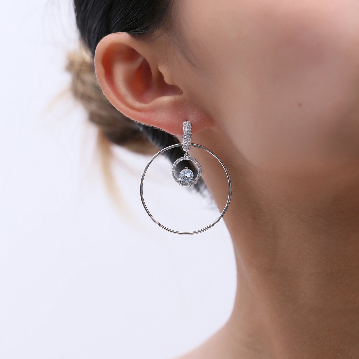 Fashionable Large Circle Statement Earrings925Sterling Silver Inlaid Natural Amethyst Blue Gemstone Round Earrings