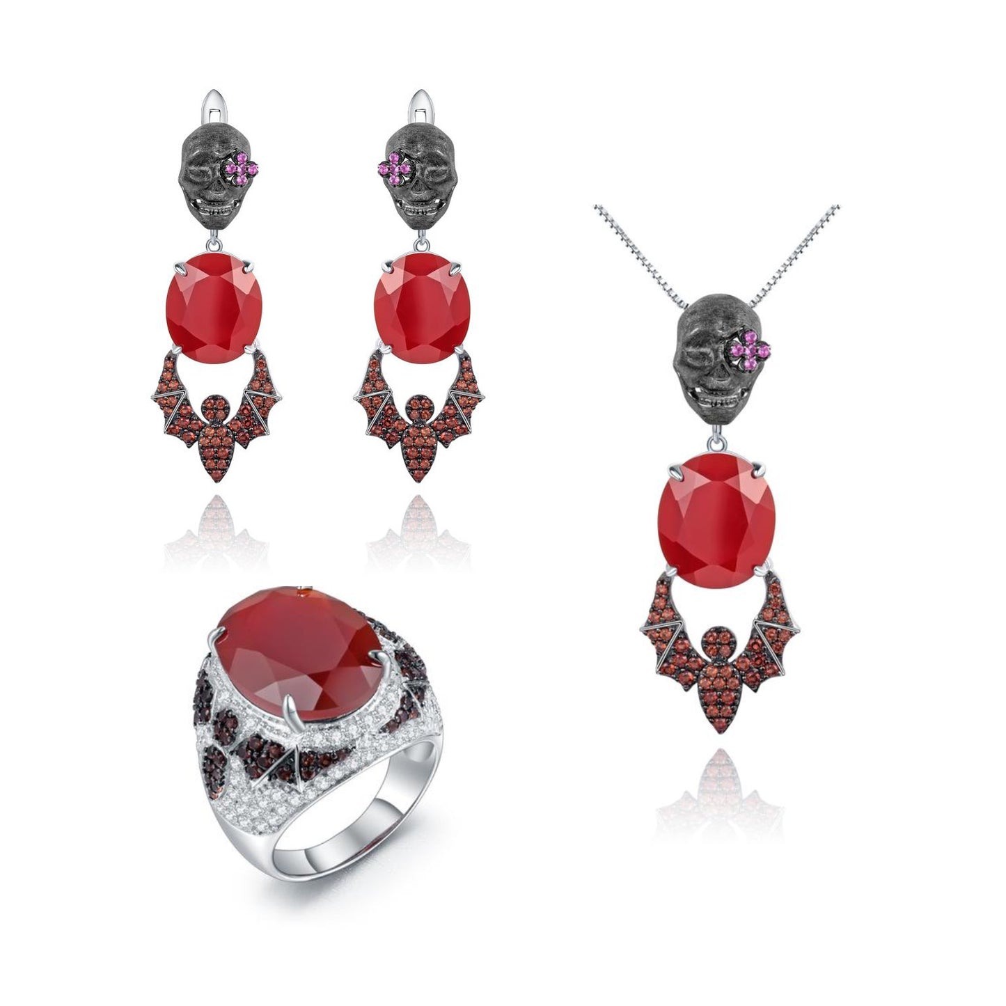Designer Vintage Skull Bat Pendant Dark Series Jewelry Accessories925Silver Red Agate Necklace Pendant
