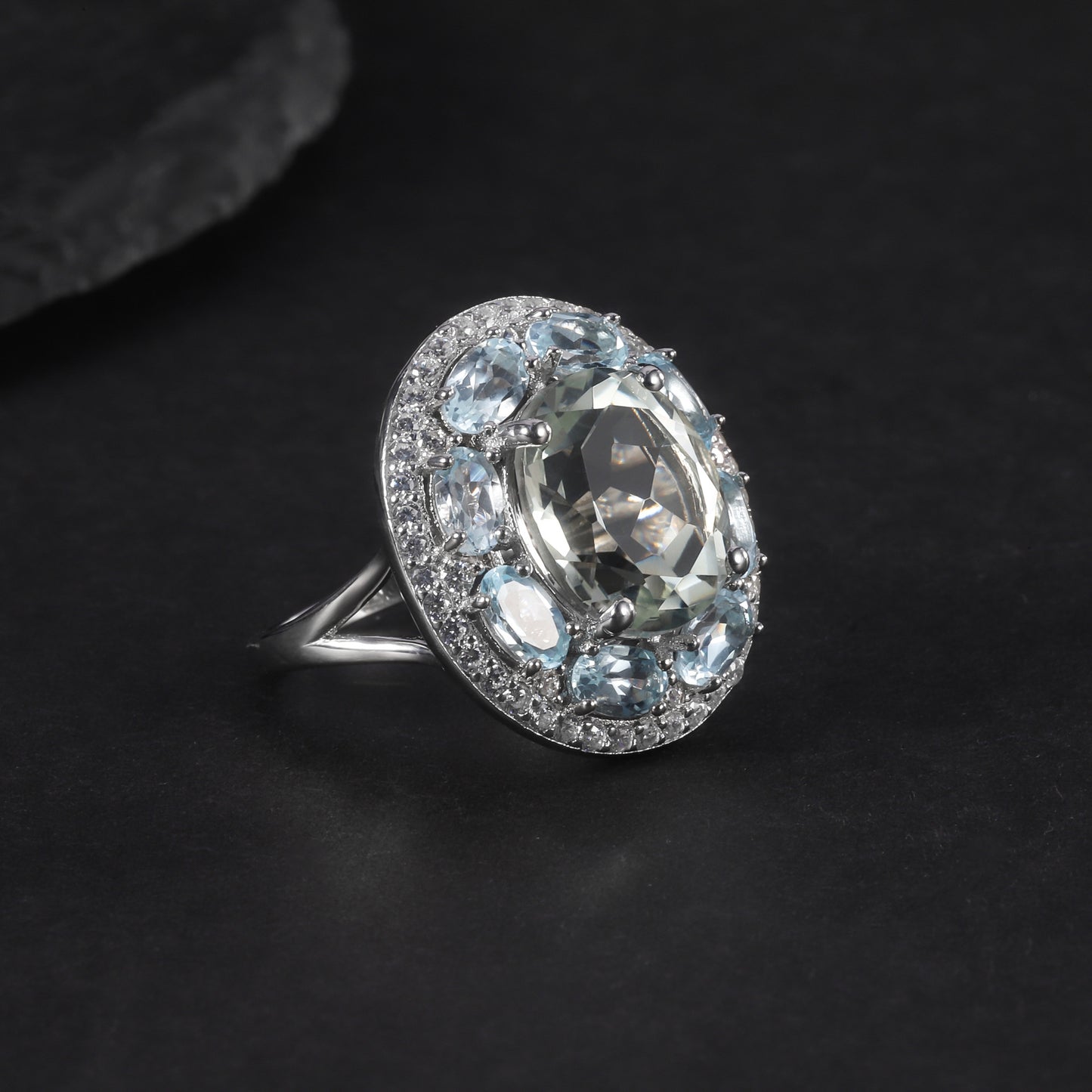s925Silver Natural Topaz Green Amethyst Ring High-end Fashion Luxurious Inlaid Natural Gemstone Ring