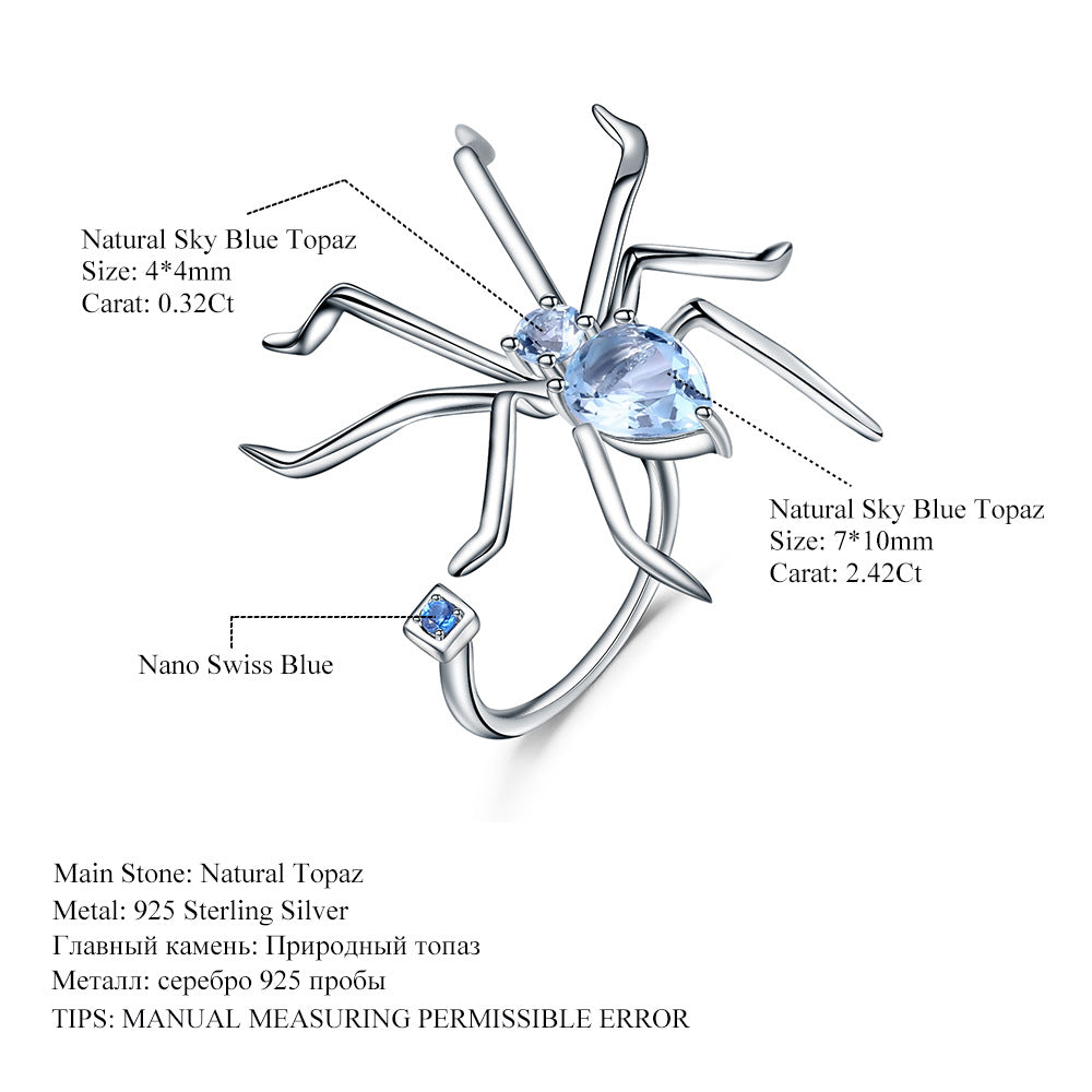 Insect Series Designer Natural Gemstone Ring Spider Design Precision Craftsmanship925Silver Natural Topaz Ring