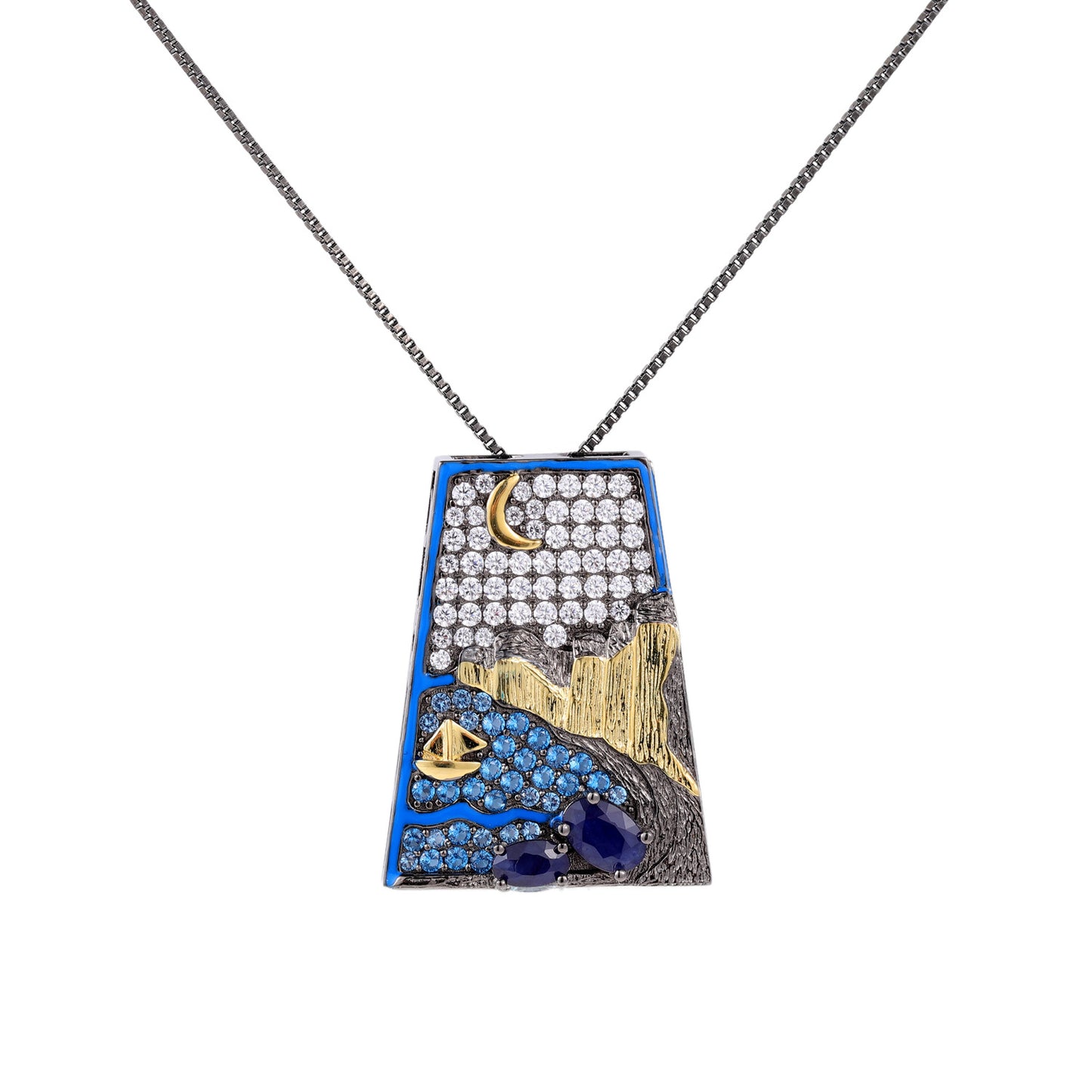 Natural Topaz Necklace925Sterling Silver Sapphire Square Pendant Niche Design Gemstone Clavicle Chain for Men and Women